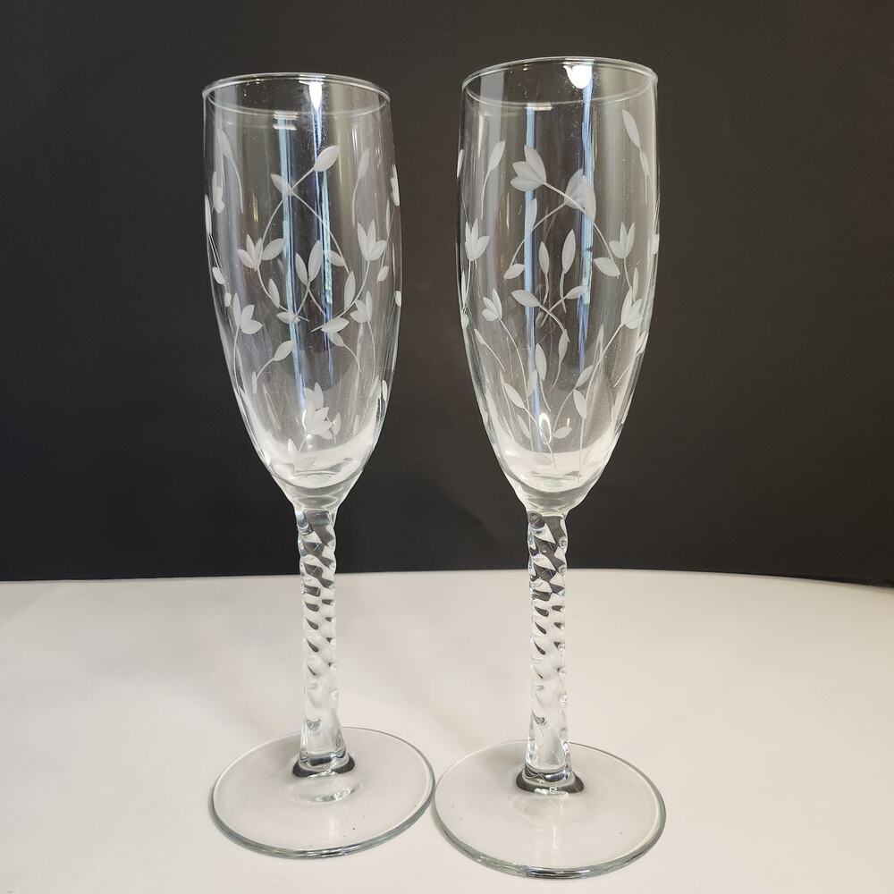 Vtg Lillian Rose Crystal Twisted Stem Glasses Champagne Floral 6oz Hand Blown